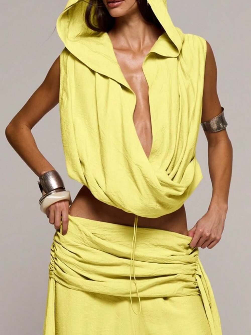 Yellow Casual Women's Textured Linen Cowl Hooded Top with Plunge Neck - Picture 5 of 6
